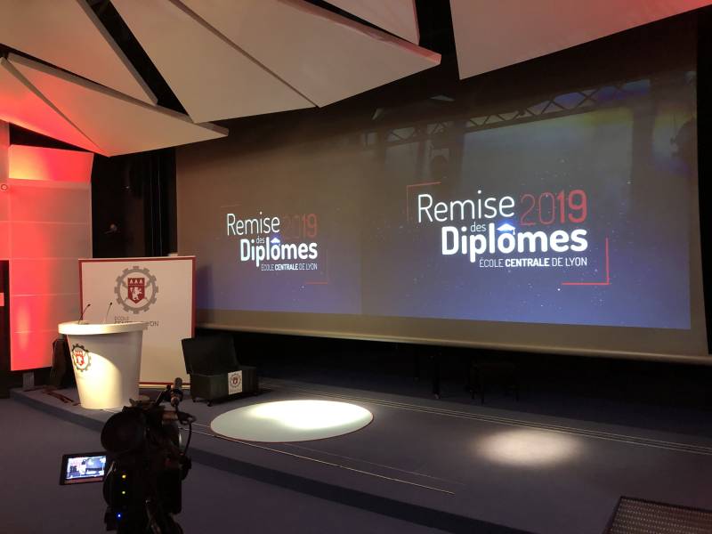 Retransmission avec un vidéoprojecteur et un écran de projection lors d'un événement de remise de diplômes
